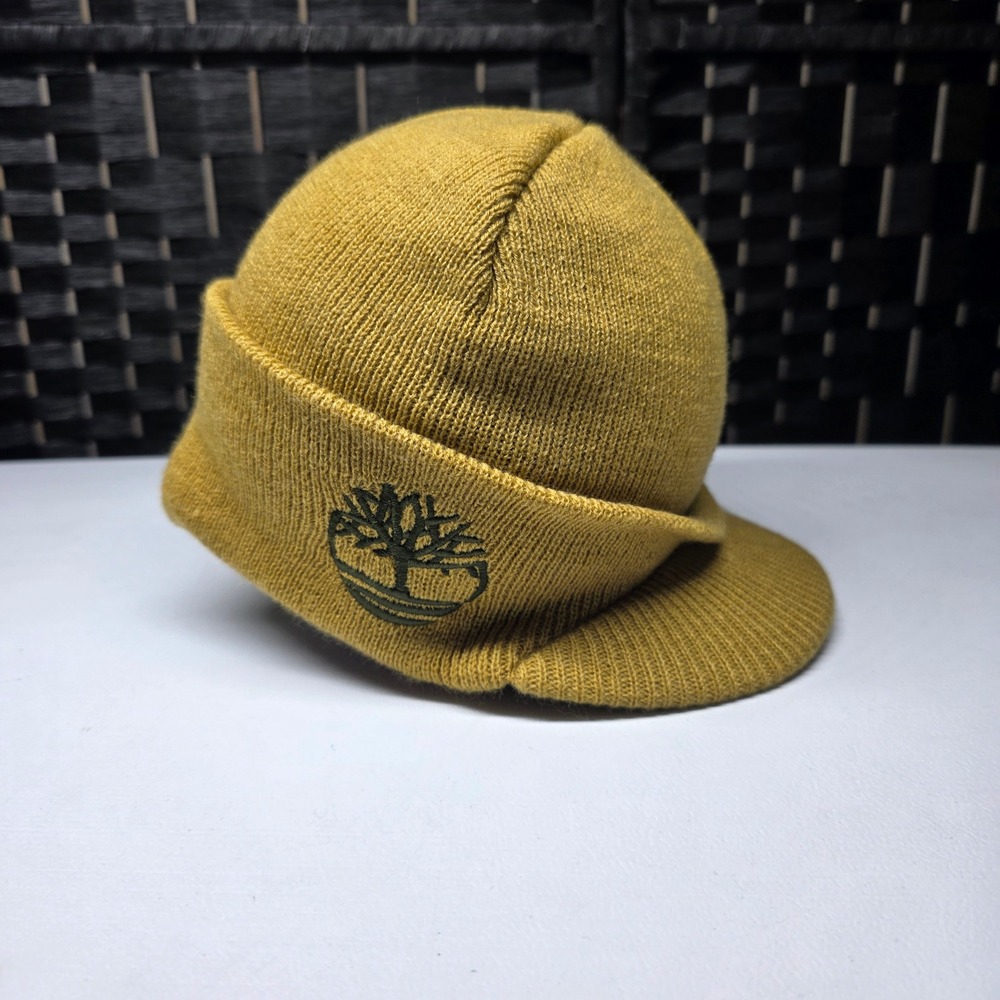 Timberland Visor Beanie Hat Mustard Yellow Gold Knit Youth Size 8-20 Logo